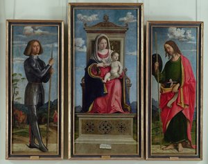 Madonna and Child pamoja na St. George na St. James, c.1510 (mafuta kwenye paneli yamehamishiwa kwenye turubai)swed av Giovanni Battista Cima da Conegliano
